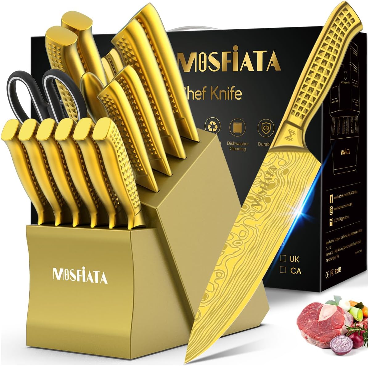 MOSFiATA 8” Super Sharp Titanium Plated Chef's Knife for Kitchen with  Finger Guard and Knife Sharpener in Gift Box, High Carbon German Stainless  Steel EN1.4116 Titanium Coated Stylish Cooking Knife 