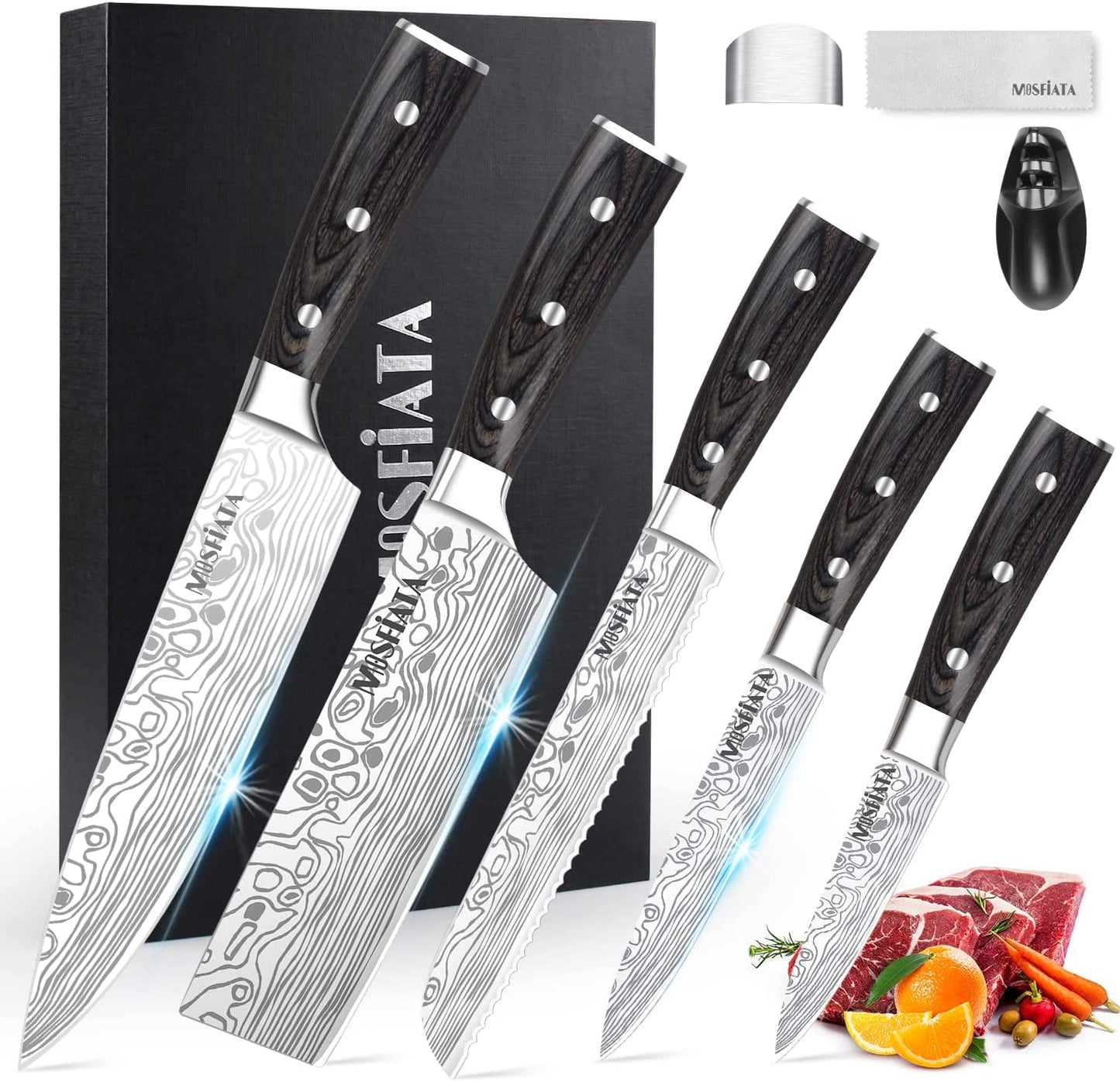 MOSFiATA 5” Chef Knife and 3.5 Fruit Knife Set with Knife Sheath, German  High Carbon Stainless Steel EN.4116 with Micarta Handle and Gift Box for