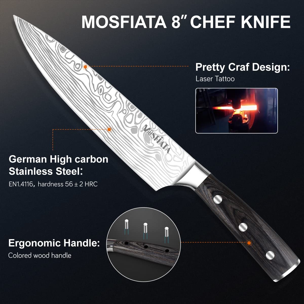 MOSFiATA Chef Knife, Ultra Sharp Kitchen Knife 8 inch, Premier High Carbon  German EN1. 4116 Stainless Steel, Full Tang Blade Pro Chopping Cooking Knife  with Knife Sharpener Finger Blade Guard Gift Box