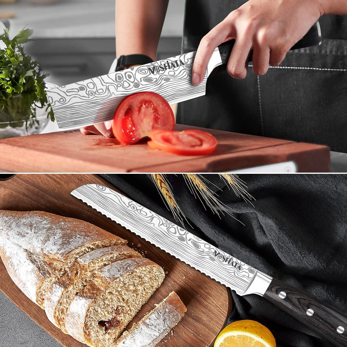  MOSFiATA Chef Knife 8 Inch Kitchen Cooking Knife, 5Cr15Mov High  Carbon Stainless Steel Sharp Knife with Ergonomic Pakkawood Handle, Full  Tang Vegetable Meat Cutting Knife with Sheath for Home Kitchen: Home