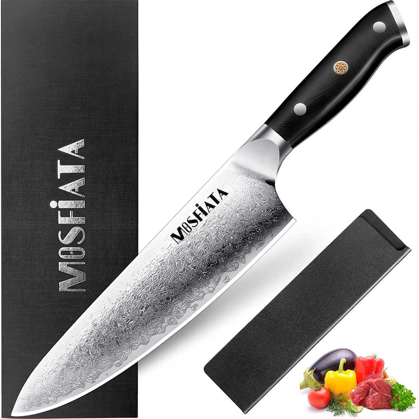  MOSFiATA Professional Damascus Chef Knife Set-3PCS, 8 ''Chef  Knife 7”Santoku Knife and 5'Utility Knife，VG-10 High Carbon Stainless Steel  with Finger Guard, Knife Sharpener Rod Gift Box: Home & Kitchen